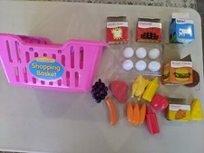 Play Food Shopping Basket And Toy Food Items: Eggs, Milk, Fruit, Meat