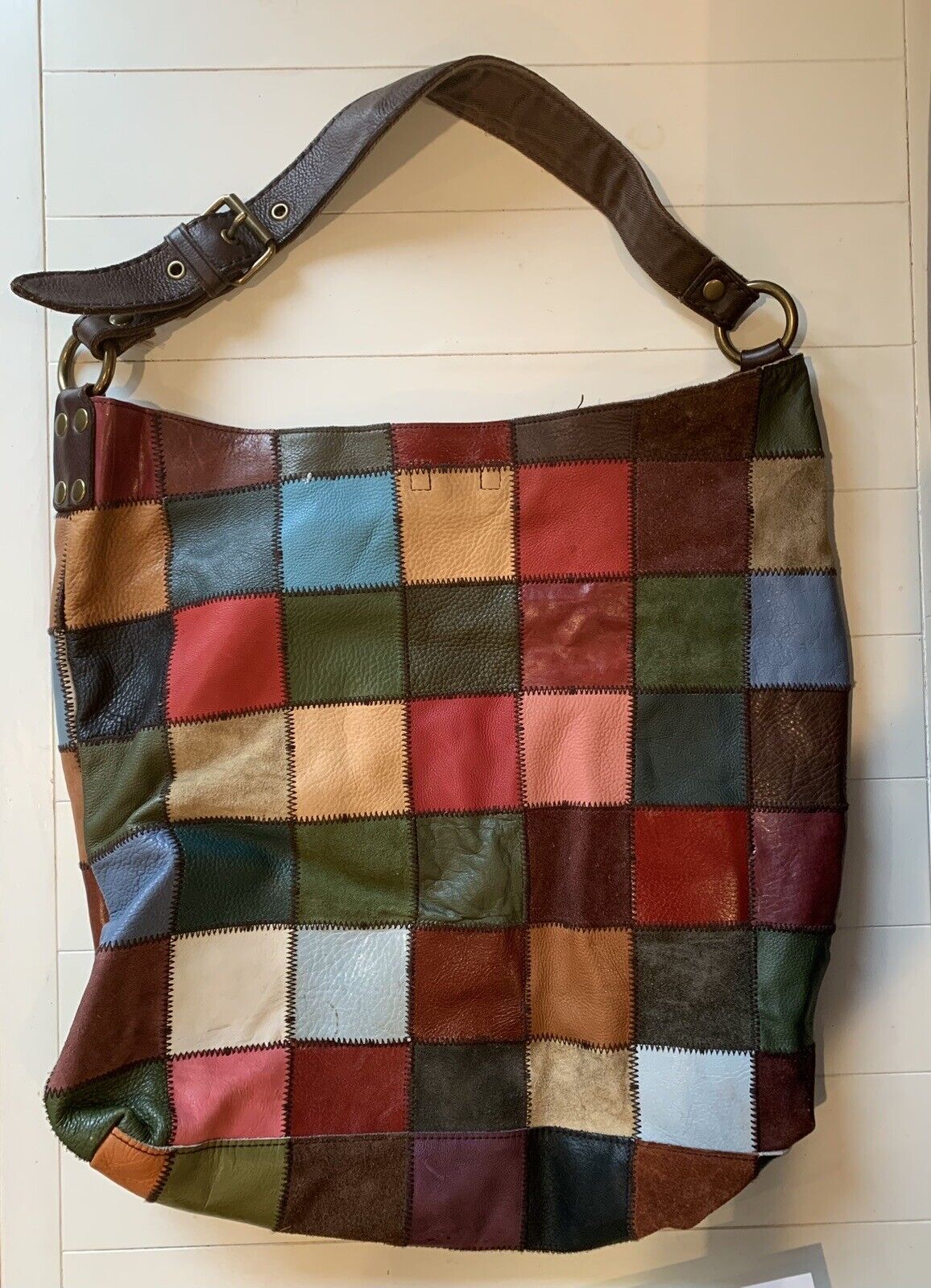 Lucky Brand Patchwork Bag Leather Large Tote Purse Vintage Shoulder Strap Euc