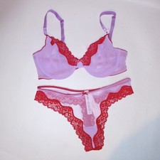 Victoria Secret Bra Set Unlined Demi High Leg Thong Sheer Red Lace Trim Tease