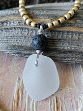 Thick Bright White Sea Glass Lava Necklace Surf Tumbled Teen Hawaii Gold Beads