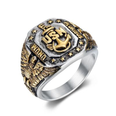 Mens USN US Navy Nautical Anchor Eagle Ring Stainless Steel plated gold  