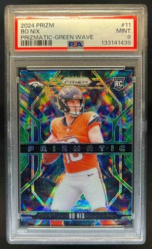 2024 Prizm Bo Nix Prizmatic RC Green Wave Rookie #11 Broncos PSA 9
