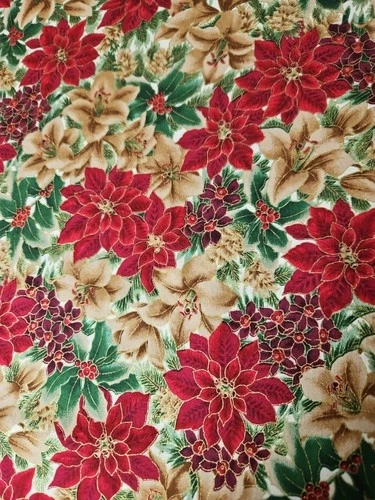 1 3/8 yd Hoffman Christmas Fabric  Burgundy Poinsettias W/Gold Metallic Accent