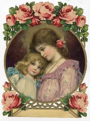 Oblaten scrap die cut chromo XL Prägebild Mädchen Rosen  25,5 cm