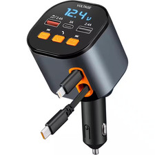 5-In-1 Retractable Car Charger 90W Bluetooth 5.3 FM Transmitter Adapter Handsfre