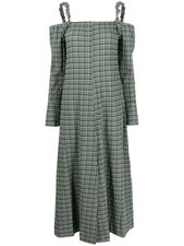 NEW Ganni Seersucker Check Off Shoulder Long Sleeve Maxi Dress Size XS 36