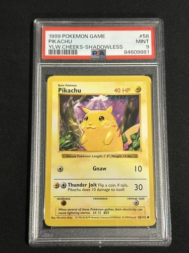 1999 Pokemon Game Base Set Shadowless Pikachu Yellow Cheeks PSA 9 MINT