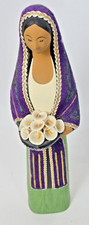 14" Mexican Folk Art Woman Figurine w/Cloth Shawl & Calla Lilies Handcrafted