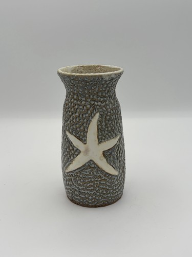 Starfish Textured Pebbles Blue Speckled Stoneware Art Pottery Vase 6" Signed