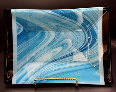Large Fused Art Glass Centerpiece Plate Platter Dish Blue & Black 14'' x 10''