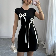 Cider Cute Black Short Sleeve Mini Dress w White Ribbon Bows Womens Medium