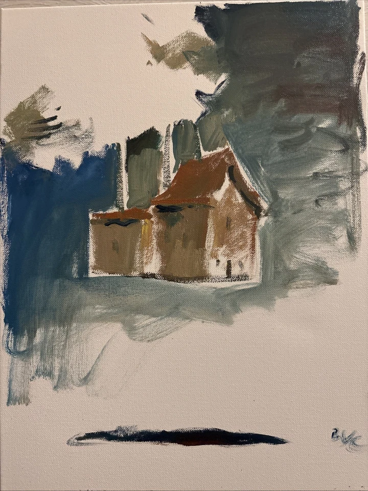 "Pintura al óleo moderna paisaje casa surrealismo original firmada lienzo de 12""x16""" Foto 2 de 2