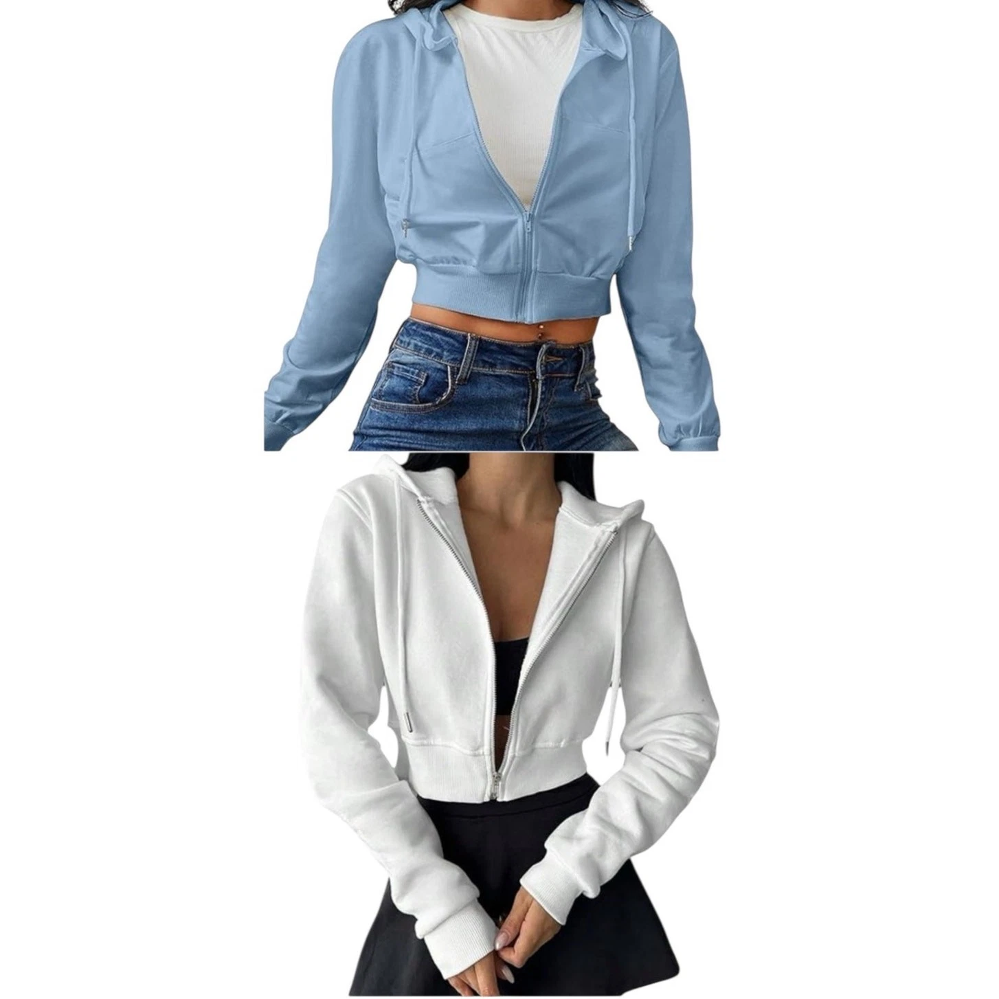 NWOT ~ Set/2 Women's Cropped Soft Short Light Blue & White Hoodies ~ MEDIUM