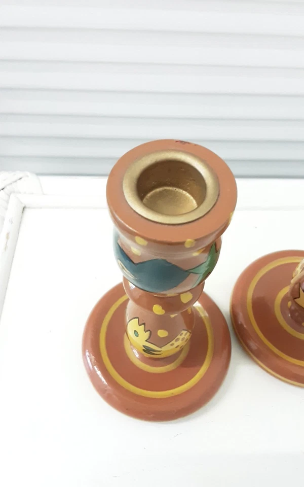 Wooden Folk Art Candlesticks X 2 Handpainted Birds Stars Candle Holders Tall - Image 3 of 4