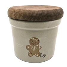 Vtg RRP Co Ohio 1 Pt Stoneware Christmas Crock Jar Wood Lid Gingerbread Man USA