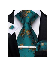 Woven Paisley Silk Floral Tie for Men with Clip Handkerchief Cufflinks Set