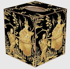 Marye-Kelley Black And Gold Asian Toile Tissue Box Cover New