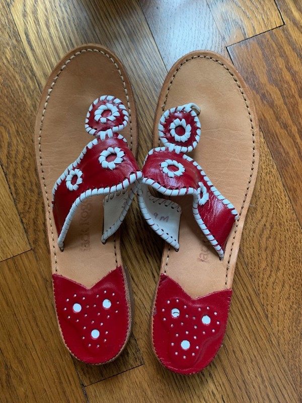 RED white JACK ROGERS Navajo Sandals sz 9 womens Fourth of July?  preppy! EUC