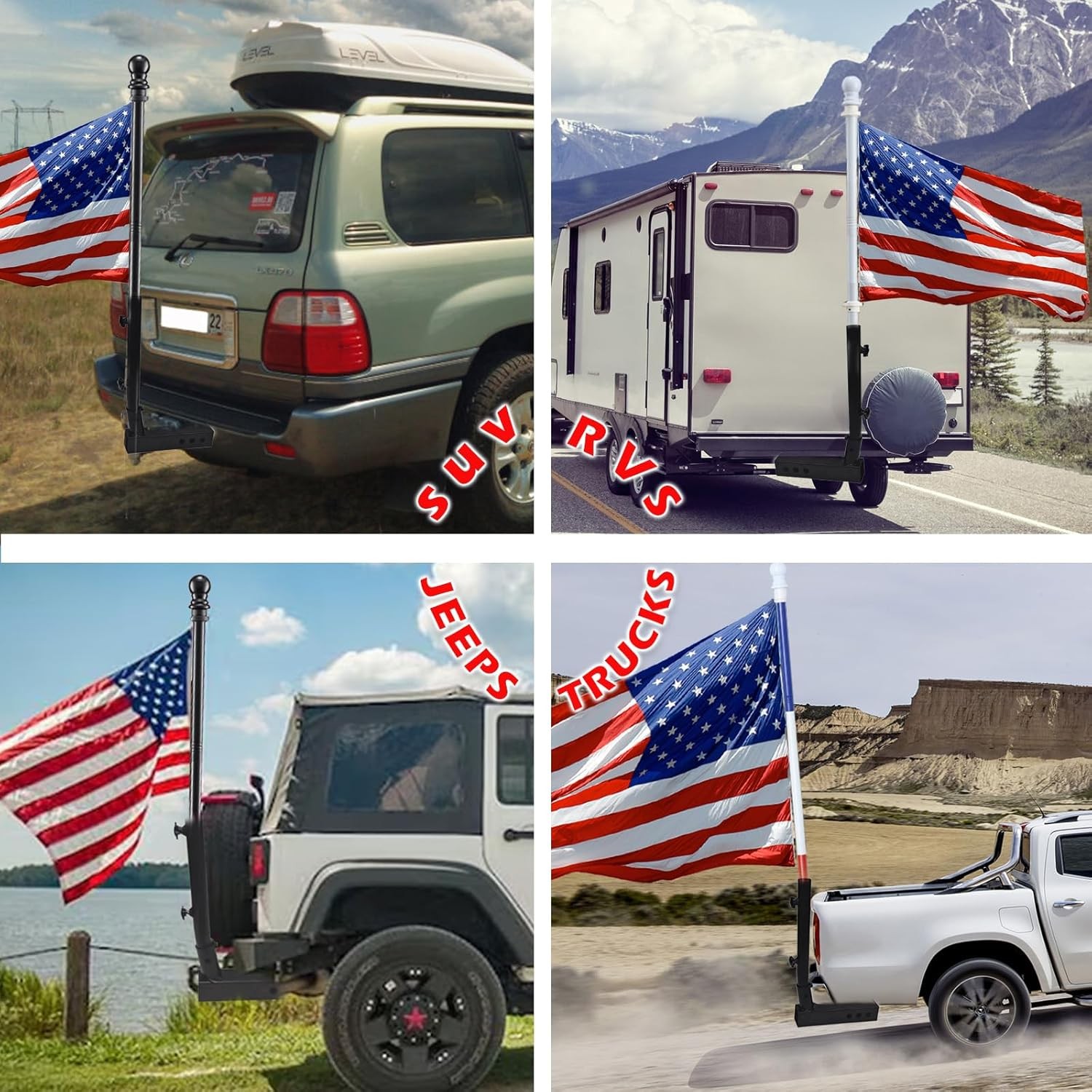 6FT Flag Pole for Truck Hitch Mount Heavy Duty Tangle Free Holder SUV Jeep RV