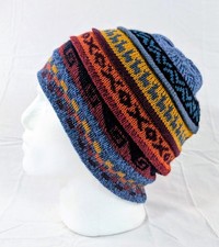 Soft Baby Alpaca Beanie Reversible Blue White Unisex Colorful Boho Llama Peru