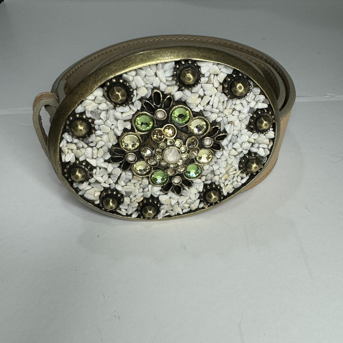 Leatherock calf hair studded western belt cream Leatherrock Studded Cream Pebble Leather Belt With  main image 4