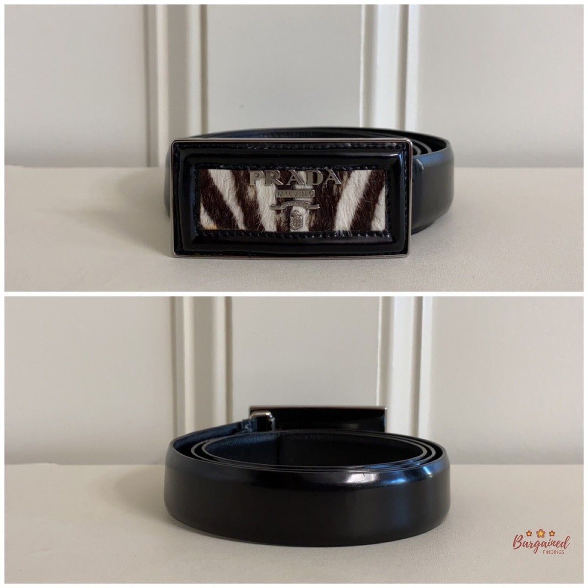 Authentic PRADA Black Patent Leather Silver Pony Buckle Logo Belt Size 34/85 Authentic PRADA Black Patent Leather Silver Pony Buckle Logo  main image 2