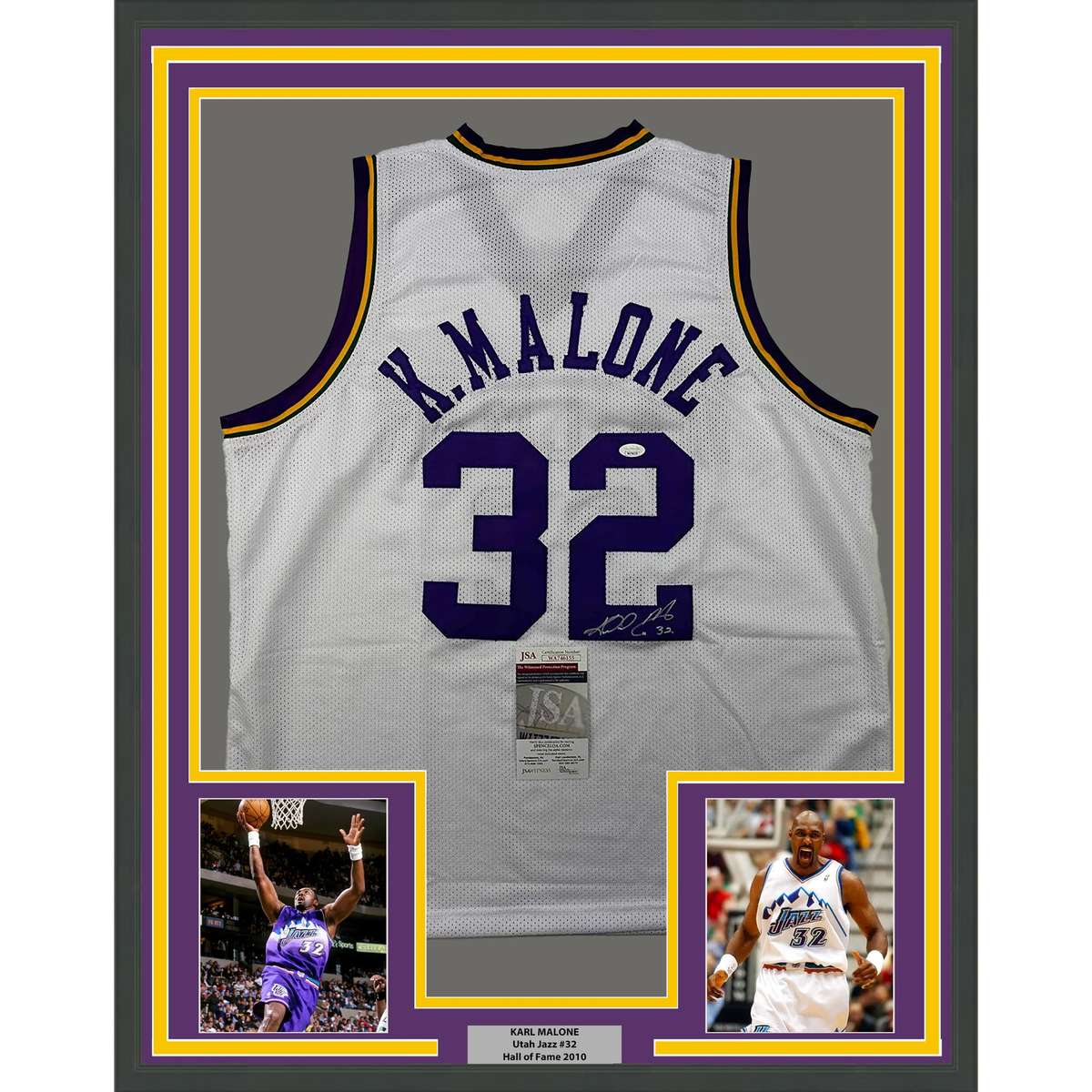 Framed Autographed/Signed Karl Malone 35x39 Utah White Retro