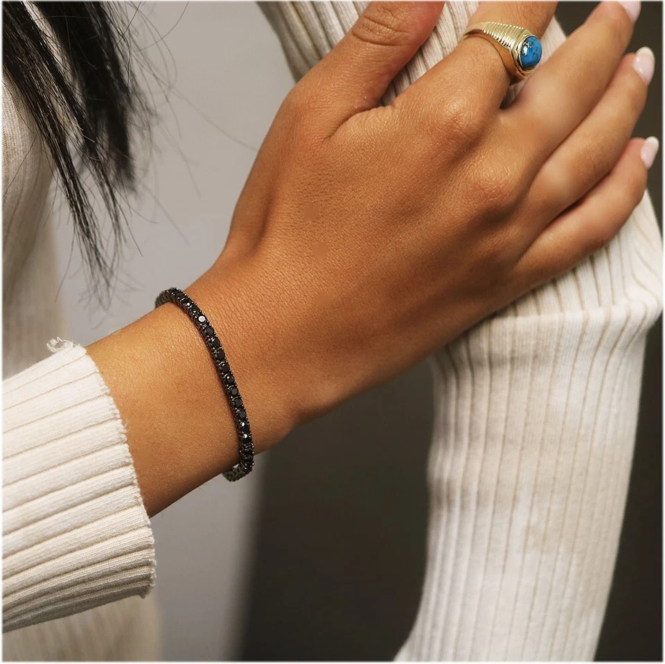 Pulseira de corrente de tênis feminina sólida prata esterlina 925 corte redondo 4 mm preta CZ - Imagem 3 de 4