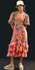 FARM RIO Coral Mixed Graphic Macaws Puff Sleeve Midi Dress $250 - SMALL