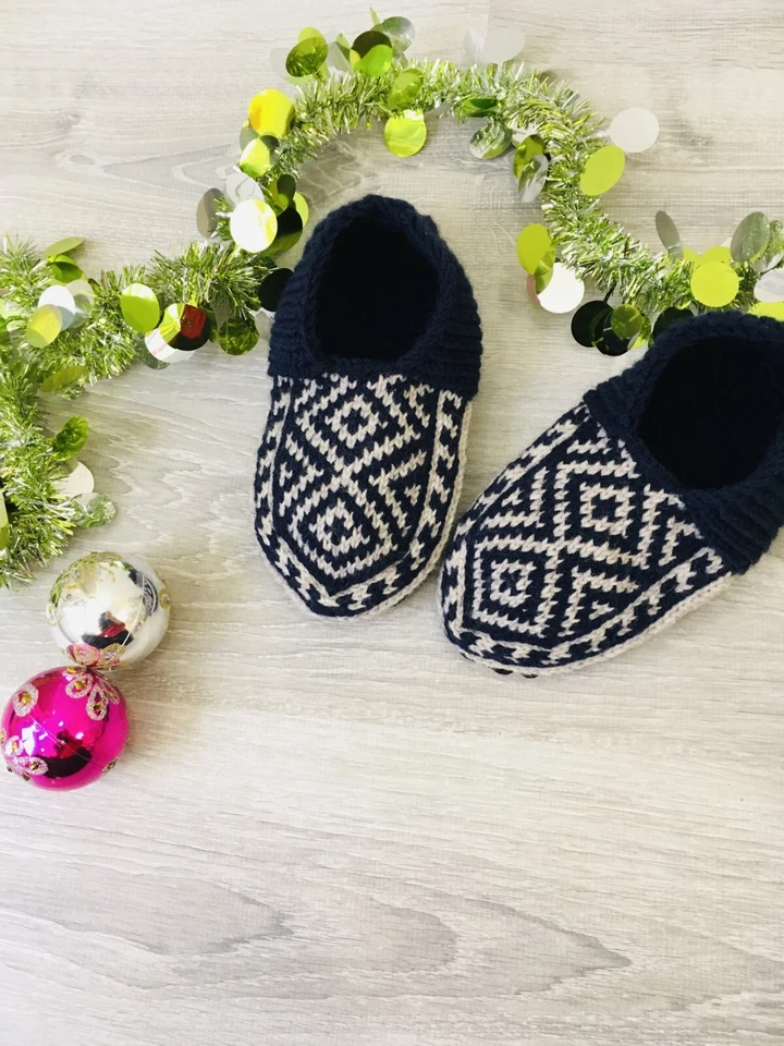 Zapatillas de punto para hombre con suelas de gamuza/zapatillas azul marino/calcetines acogedores de lana/regalo de cumpleaños Foto 2 de 3