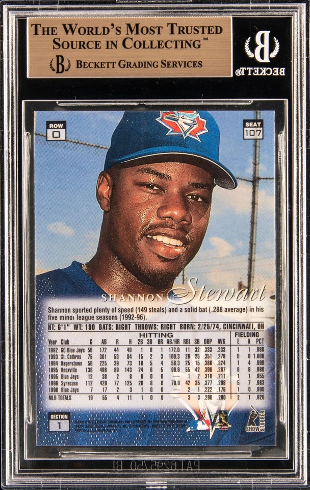 1997 FLAIR SHOWCASE ROW 0 SHOWSTOPPER #107 SHANNON STEWART JAYS BGS 10 PRISTINE - Image 2 of 2