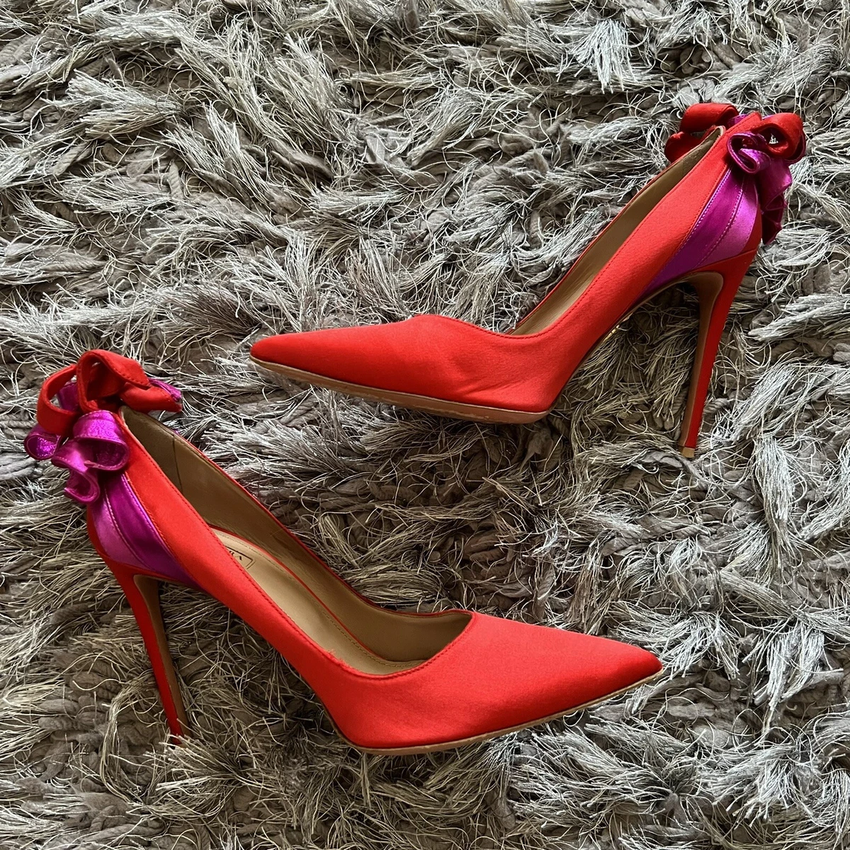 aquazzura satin pumps heels red purple pointed toe back details size 40