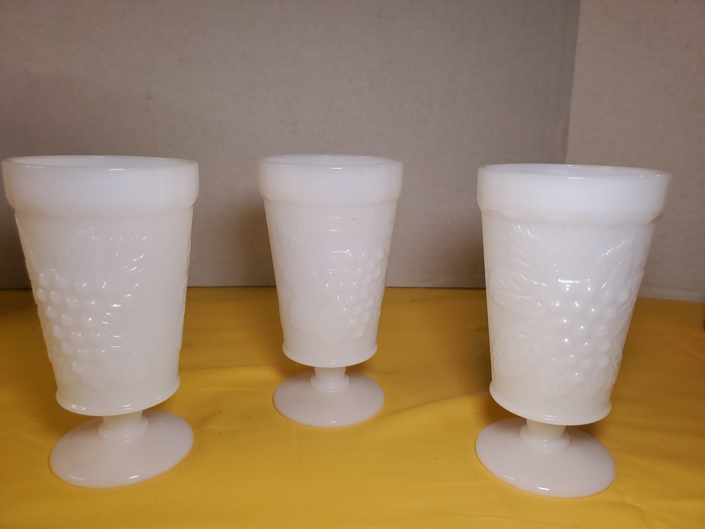 Vintage Anchor Hocking Harvest Grape Vine Milk Glass Pedestal Goblets Set of 3