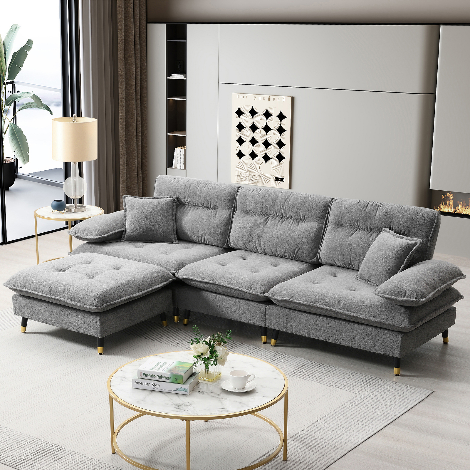 L-Shaped 106x66.5 Inch Convertible Sectional Sofa with 4 Seats and Two-Tone Tufted Design