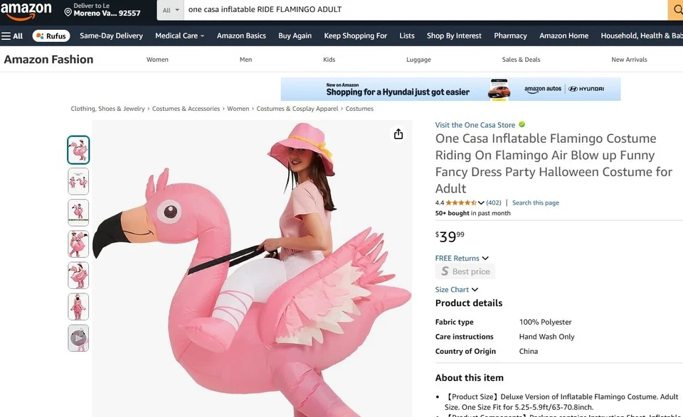 One Casa Inflatable Flamingo Costume Riding On Flamingo Air Blow up Funny Fancy - Image 3 of 3