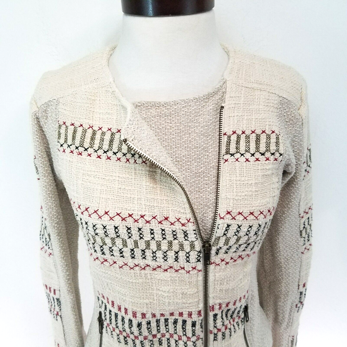LUCKY BRAND Moto Zip Jacket Aztec Embroidered Cream Black Red