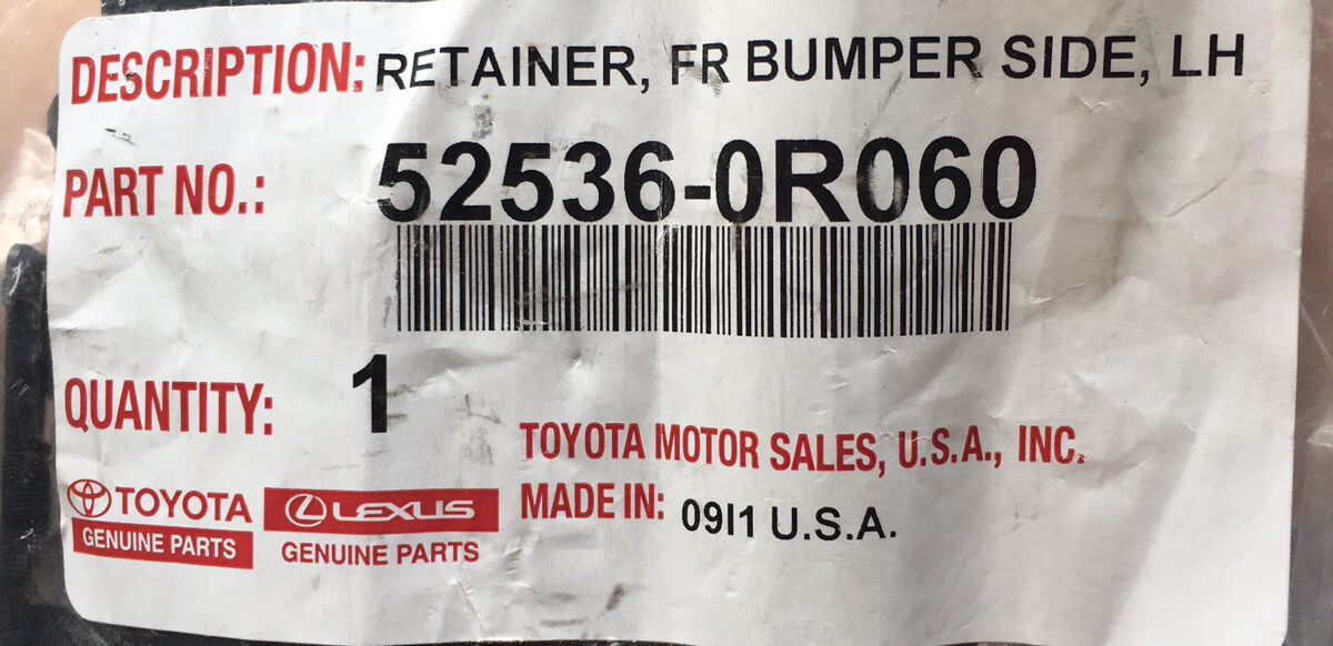 Genuine OEM Toyota 52536-0R060 Left Frnt Bmper Side Retainer 2016 