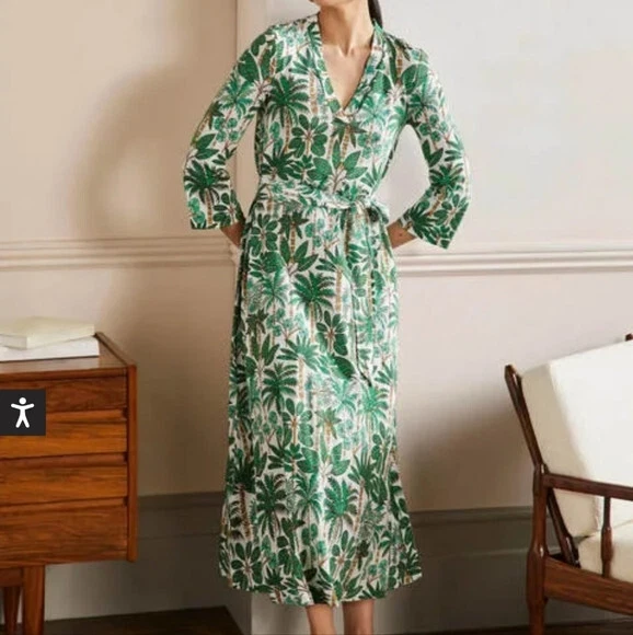 Boden jersey kaftan midi dress size 10 reg ivory palm forest