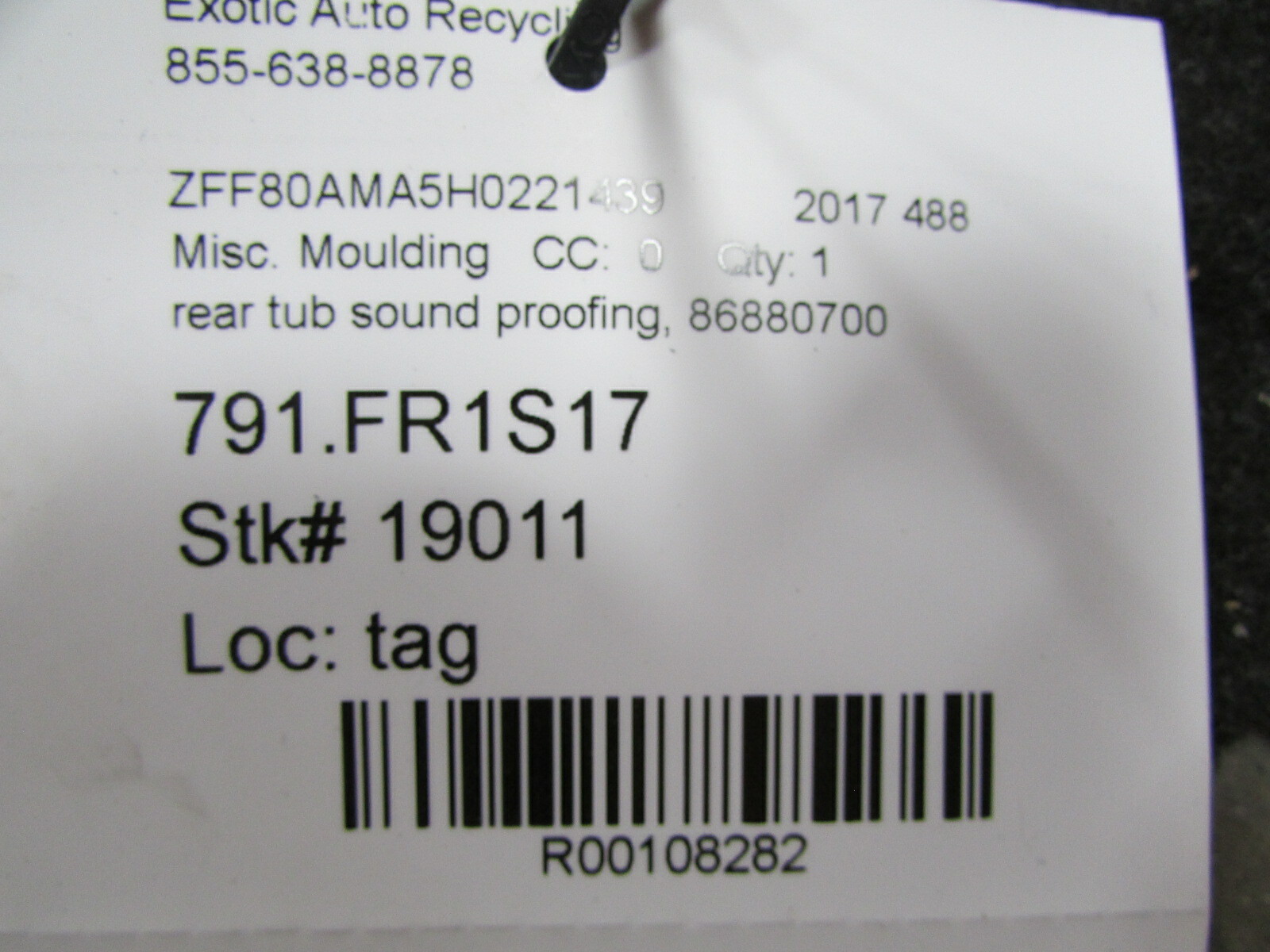 Ferrari 488 Spider, Rear Roof Tub Sound Proofing, Used, P/N 86880700
