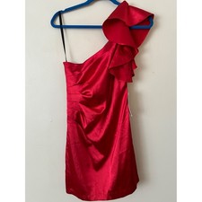 Hailey Logan Dress Women L Red One Shoulder Ruffle Ruched Satin Cocktail Mini