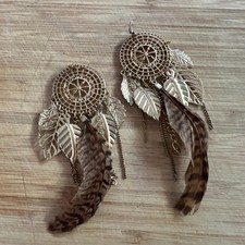 Brown Feather Antique Gold Tone Drop Earrings with Feathers