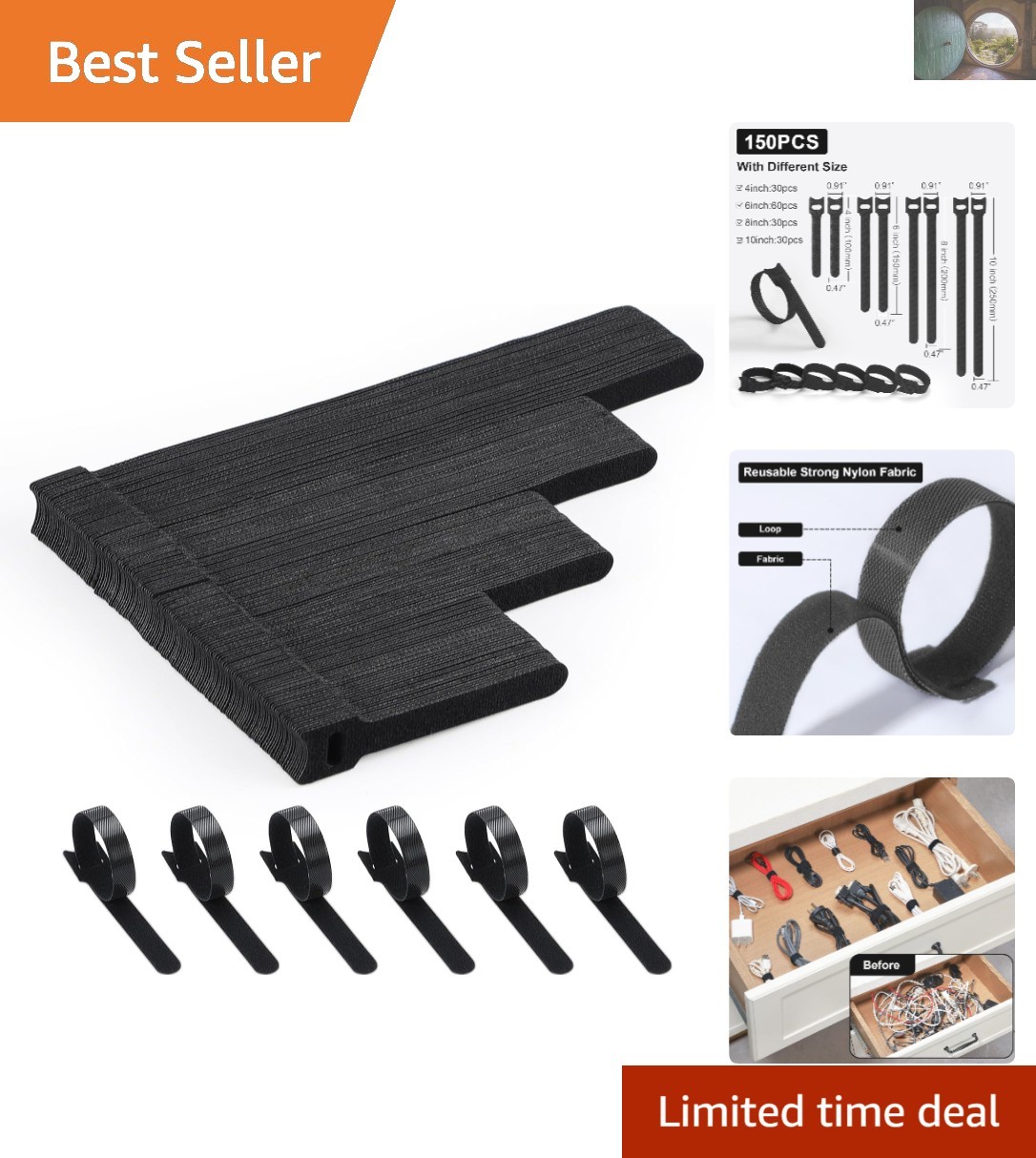 150PCS Black Reusable Nylon Cable Ties for Home Garage Organization & DIY Projects