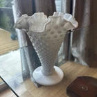 Vintage Fenton Hobnail White Milk Glass Ruffled Edge Vase 5 5/8" Tall