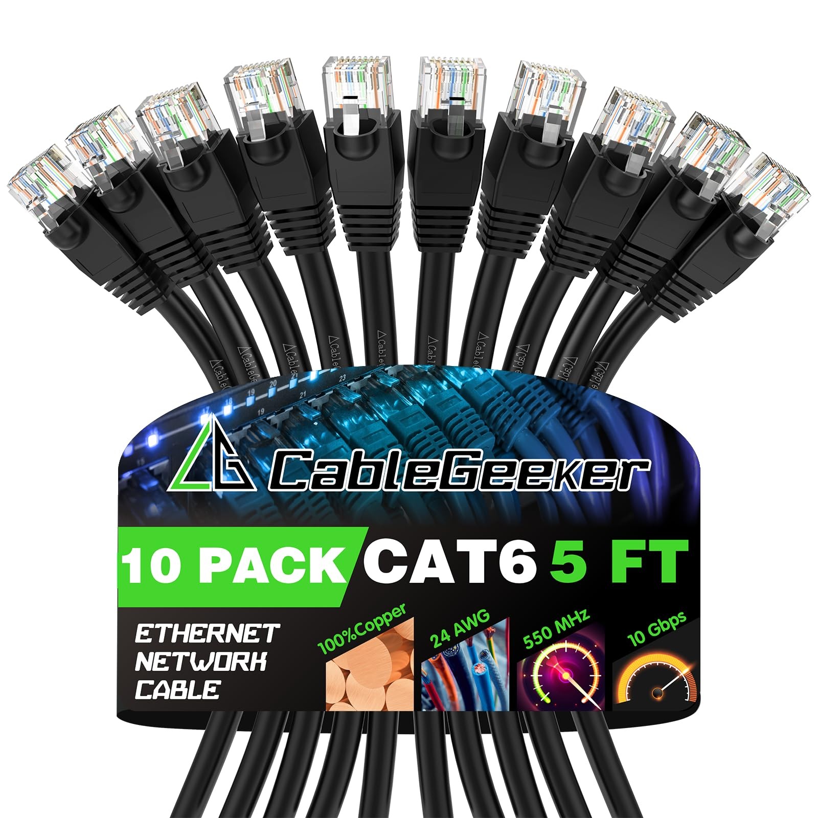 5 ft Cat6 Ethernet Cable 10-Pack - Snagless RJ45, High-Speed Patch Cables