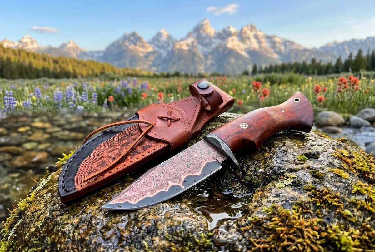 Custom Handmade Copper Damascus Steel Blade Hunting Knife Camping| Bobcat Series