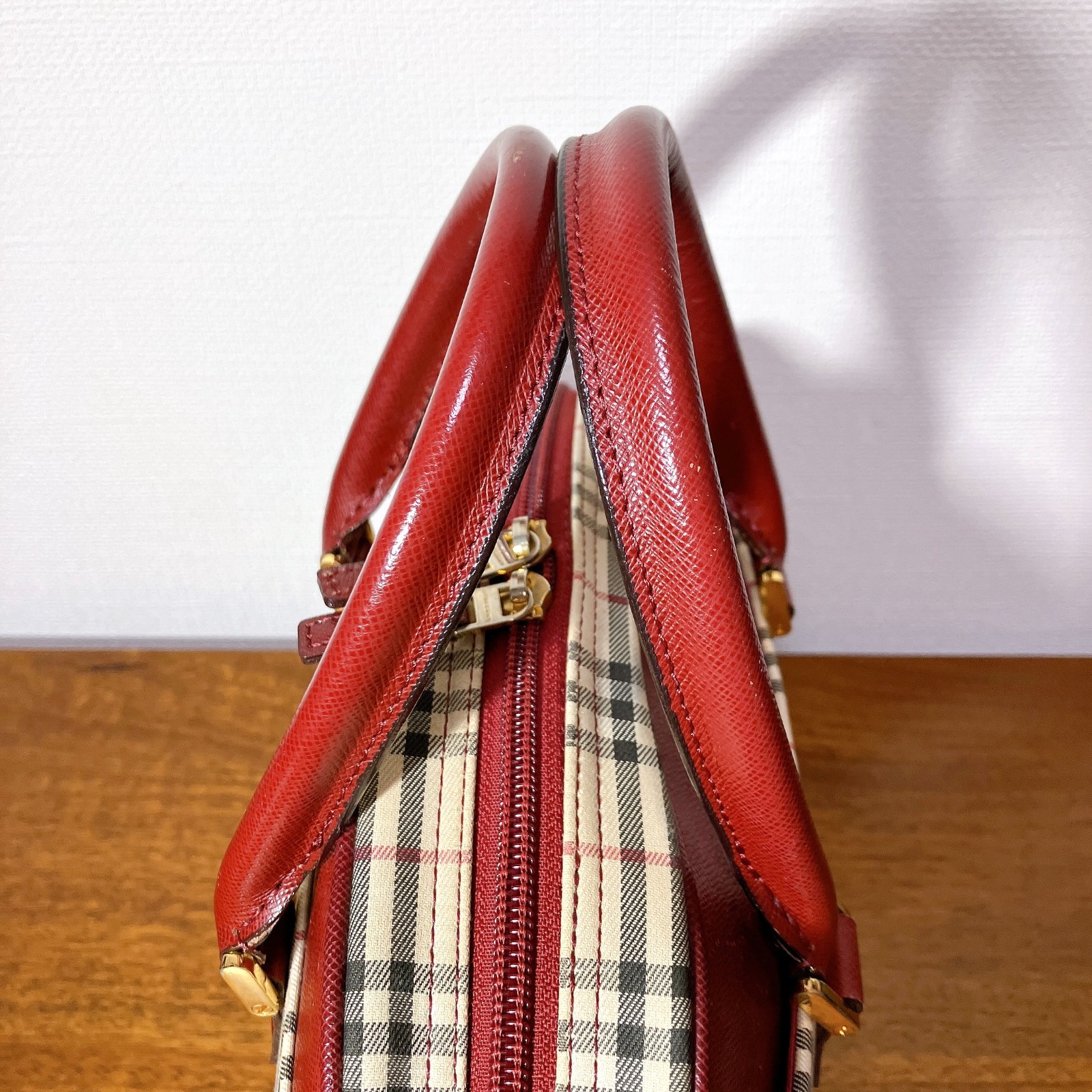 BURBERRY Nova Check Canvas Leather Handbag Red Mini Boston Bag Vintage image 7