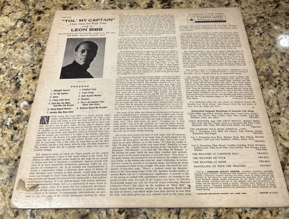 Leon Bibb~Tol' My Captain~Chain Gang & Work Songs~Vanguard VRS-9058 LP - Image 2 of 4