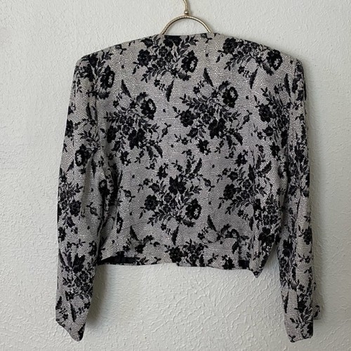 Flora Kung NY Silk Cropped Jacket Black White Floral Women’s 10 Vintage 80s - Picture 8 of 12