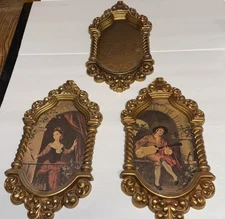 1966 SYROCO "Lady With Fan" and "Troubadour" Gold Picture Lot Of 3