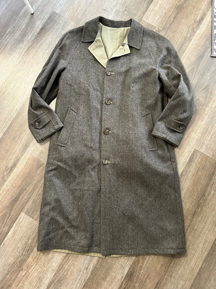 brown herringbone wool tweed fully reversible minimalist rain overcoat coat 40L - Image 2 of 4